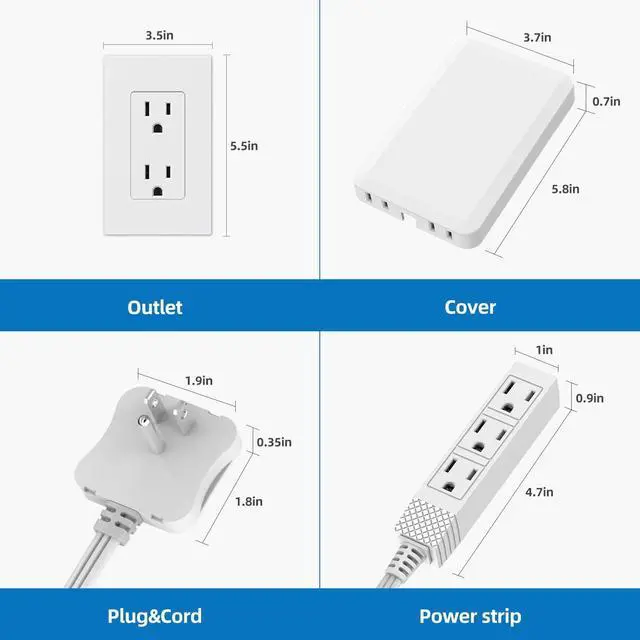 Alt view image 5 of 7 - Flat Plug Outlet Strip, 15 Feet Extension Cord 3 Prong, 3 Grounded Outlets with Mounting Holes, 13A/1625W, 16 AWG