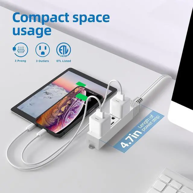 Alt view image 2 of 7 - Flat Plug Outlet Strip, 15 Feet Extension Cord 3 Prong, 3 Grounded Outlets with Mounting Holes, 13A/1625W, 16 AWG