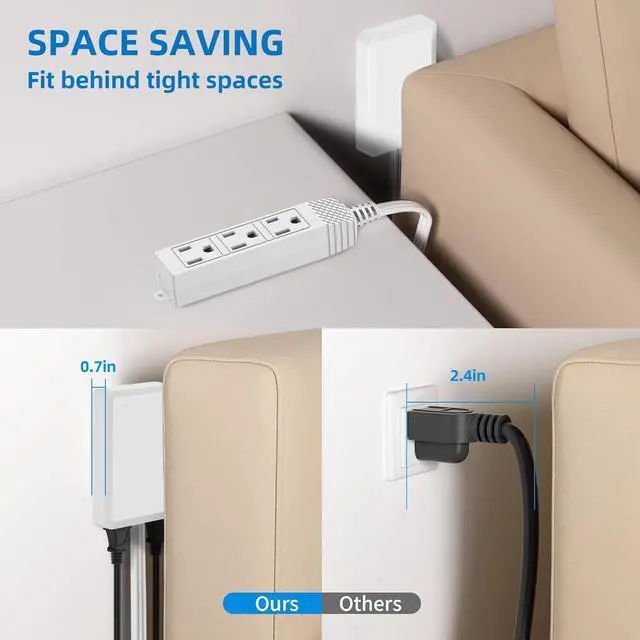 Alt view image 4 of 7 - Flat Plug Outlet Strip, 15 Feet Extension Cord 3 Prong, 3 Grounded Outlets with Mounting Holes, 13A/1625W, 16 AWG