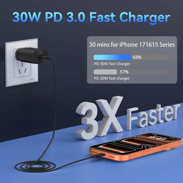 Alt view image 3 of 7 - Phone 17 16 15 Charger Fast Charging,30W USB C Phone 17 16 15 Pro Max Charger Block &10FT Long Type C Cable Cord for i.Phone 17/Air/17 Pro/17 Pro Max/16/16 Plus/16 Pro/16 Pro Max/15/15 Pro Max,Black
