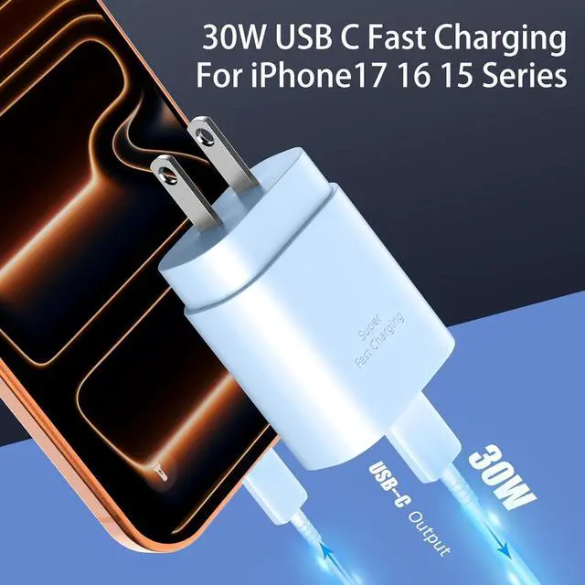 Alt view image 5 of 7 - Phone 17 16 15 Charger Fast Charging,30W USB C Phone 17 16 15 Pro Max Charger Block &10FT Long Type C Cable Cord for i.Phone 17/Air/17 Pro/17 Pro Max/16/16 Plus/16 Pro/16 Pro Max/15/15 Pro Max,Blue