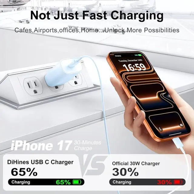 Alt view image 2 of 7 - Phone 17 16 15 Charger Fast Charging,30W USB C Phone 17 16 15 Pro Max Charger Block &10FT Long Type C Cable Cord for i.Phone 17/Air/17 Pro/17 Pro Max/16/16 Plus/16 Pro/16 Pro Max/15/15 Pro Max,Blue