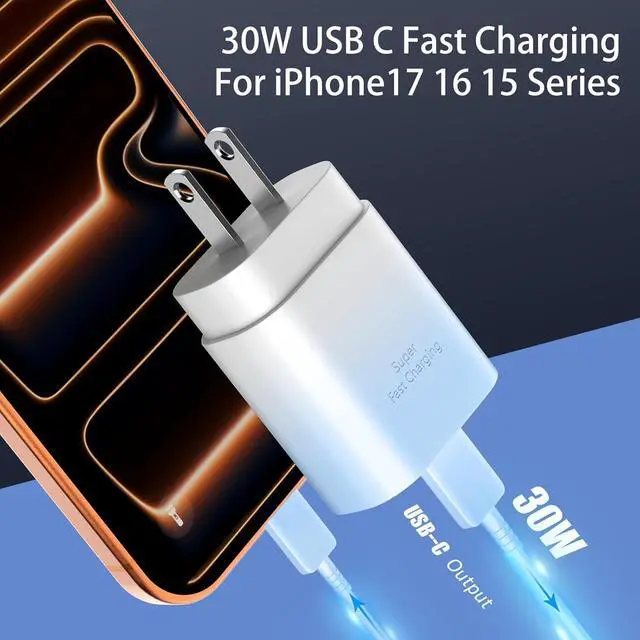 Alt view image 3 of 7 - Phone 17 16 15 Charger Fast Charging,30W USB C Phone 17 16 15 Pro Max Charger Block&10FT Long Type C Cable Cord for i.Phone 17/Air/17 Pro/17 Pro Max/16/16 Pro/16 Pro Max/15/15 Pro Max,Blue Gradient
