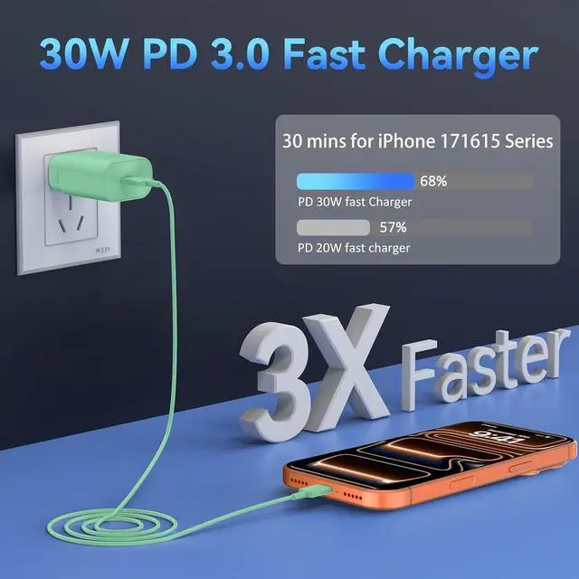 Alt view image 3 of 7 - Phone 17 16 15 Charger Fast Charging,30W USB C Phone 17 16 15 Pro Max Charger Block &10FT Long Type C Cable Cord for i.Phone 17/Air/17 Pro/17 Pro Max/16/16 Plus/16 Pro/16 Pro Max/15/15 Pro Max,Green