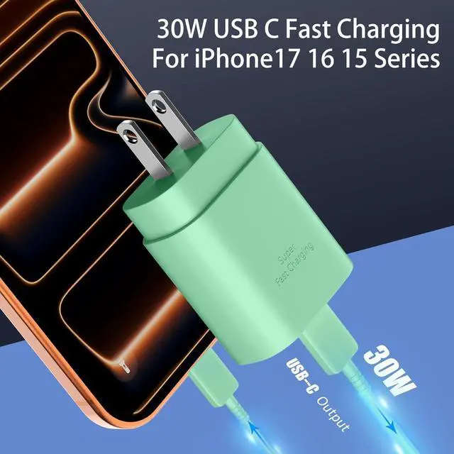 Alt view image 5 of 7 - Phone 17 16 15 Charger Fast Charging,30W USB C Phone 17 16 15 Pro Max Charger Block &10FT Long Type C Cable Cord for i.Phone 17/Air/17 Pro/17 Pro Max/16/16 Plus/16 Pro/16 Pro Max/15/15 Pro Max,Green