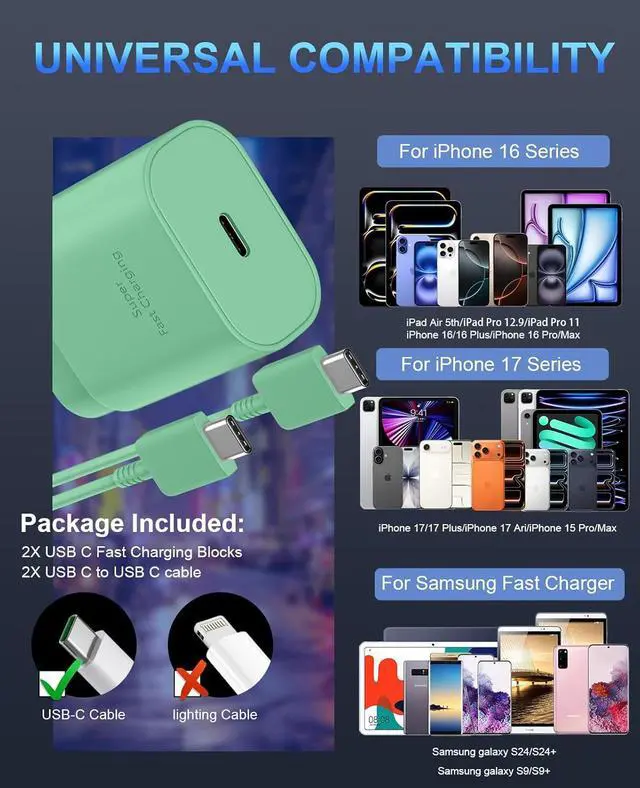 Alt view image 2 of 7 - Phone 17 16 15 Charger Fast Charging,30W USB C Phone 17 16 15 Pro Max Charger Block &10FT Long Type C Cable Cord for i.Phone 17/Air/17 Pro/17 Pro Max/16/16 Plus/16 Pro/16 Pro Max/15/15 Pro Max,Green