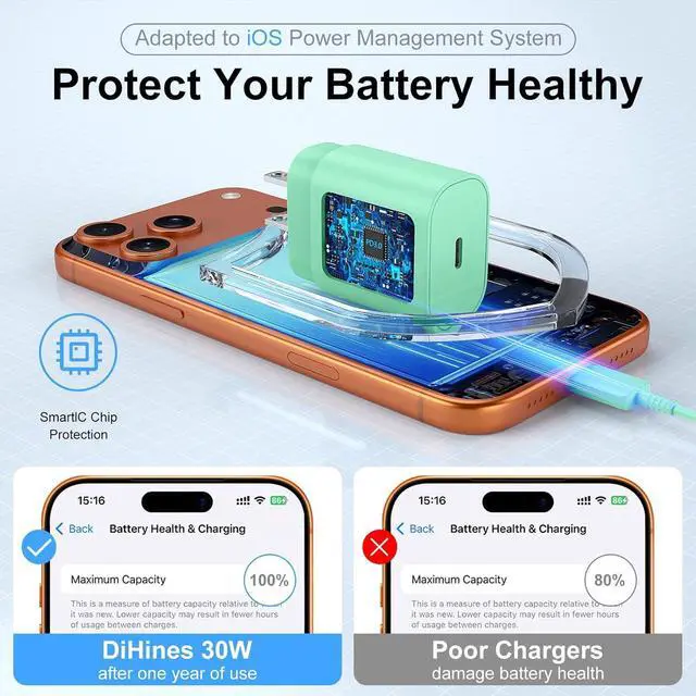Alt view image 7 of 7 - Phone 17 16 15 Charger Fast Charging,30W USB C Phone 17 16 15 Pro Max Charger Block &10FT Long Type C Cable Cord for i.Phone 17/Air/17 Pro/17 Pro Max/16/16 Plus/16 Pro/16 Pro Max/15/15 Pro Max,Green