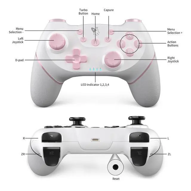 Alt view image 5 of 7 - AceGamer Wireless Pro Controller for Nintendo Switch/Lite/OLED/Switch 2/PC, 2 pack, Hall Effect Joystick for Switch 2 Pro Controller with Wake-Up/Dual Vibration/Turbo/Ergonomic ! (White and Pink)