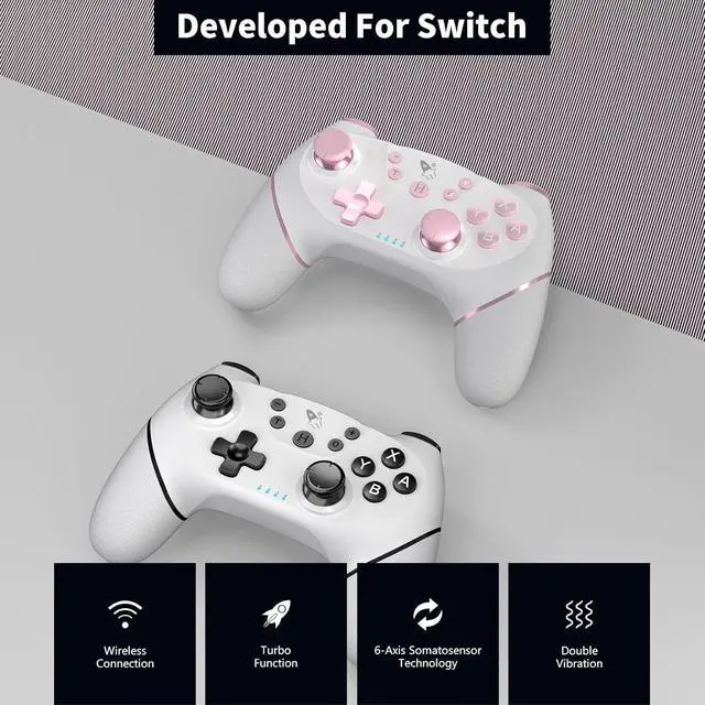 Alt view image 3 of 7 - AceGamer Wireless Pro Controller for Nintendo Switch/Lite/OLED/Switch 2/PC, 2 pack, Hall Effect Joystick for Switch 2 Pro Controller with Wake-Up/Dual Vibration/Turbo/Ergonomic ! (White and Pink)