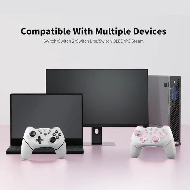 Alt view image 6 of 7 - AceGamer Wireless Pro Controller for Nintendo Switch/Lite/OLED/Switch 2/PC, 2 pack, Hall Effect Joystick for Switch 2 Pro Controller with Wake-Up/Dual Vibration/Turbo/Ergonomic ! (White and Pink)