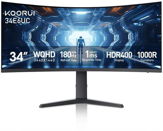 Main image of KOORUI 34 inch Curved Ultrawide WQHD 3440×1440 Gaming Monitor, 180Hz 1000R- PIP/PBP, 1ms(MPRT), HDR400, DCI-P3 95%, FreeSync Premium, 1 x DP 1.4 & 2 x HDMI 2.0, Tilt Height Swivel Adjustment, 34E6UC