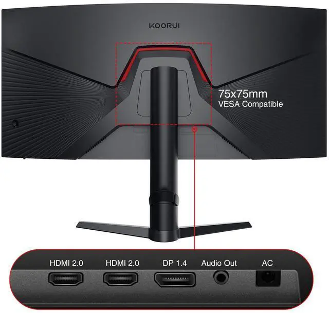 Alt view image 7 of 7 - KOORUI 34 inch Curved Ultrawide WQHD 3440×1440 Gaming Monitor, 180Hz 1000R- PIP/PBP, 1ms(MPRT), HDR400, DCI-P3 95%, FreeSync Premium, 1 x DP 1.4 & 2 x HDMI 2.0, Tilt Height Swivel Adjustment, 34E6UC