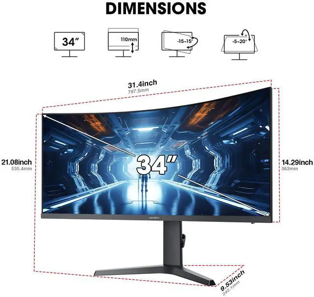 Alt view image 6 of 7 - KOORUI 34 inch Curved Ultrawide WQHD 3440×1440 Gaming Monitor, 180Hz 1000R- PIP/PBP, 1ms(MPRT), HDR400, DCI-P3 95%, FreeSync Premium, 1 x DP 1.4 & 2 x HDMI 2.0, Tilt Height Swivel Adjustment, 34E6UC