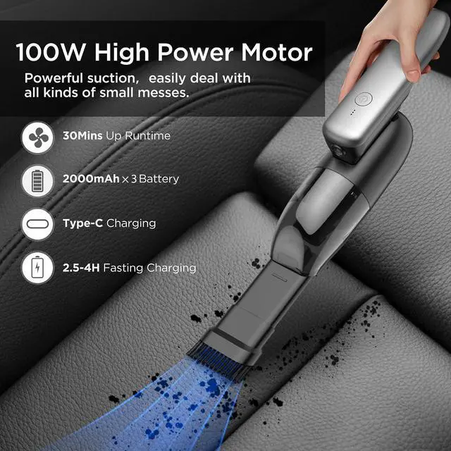Alt view image 2 of 7 - Cordless Handheld Vacuum, 4 in 1 Portable Car Vacuum, Mini Vacuum Cleaner, 8500Pa Suction Power with Led Light, USB-C Charging for Home & Outdoor C6mini-B, Gray Bb