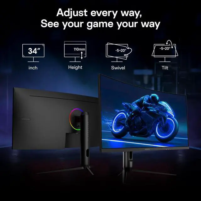 Alt view image 6 of 7 - KOORUI 34" Ultrawide Curved Gaming Monitor 240Hz, PIP/PBP, 3440x1440P, 21:9 Display, 1500R Curvature. 1ms, Adaptive Sync, DP, HDMI, Support PS5,t,Computer Monitor G3441XC