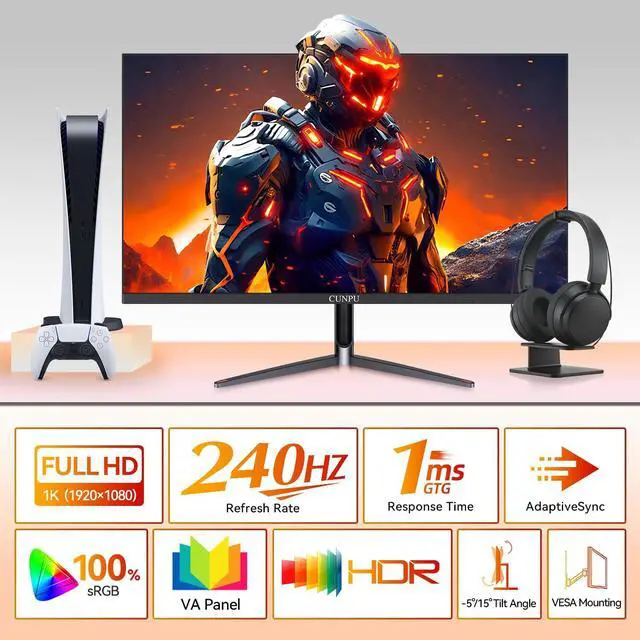 Alt view image 2 of 6 - CUNPU 24 Inch 240Hz Gaming Monitor, 1080p FHD, Fast VA Panel, 1ms Adaptive Sync, Ultra Slim Frame, 16.7M Colors, sRGB 100%, HDMI 2.1 & DP 1.4, VESA, Eye Care, for PS5, Xbox, Gaming Computer Monitor