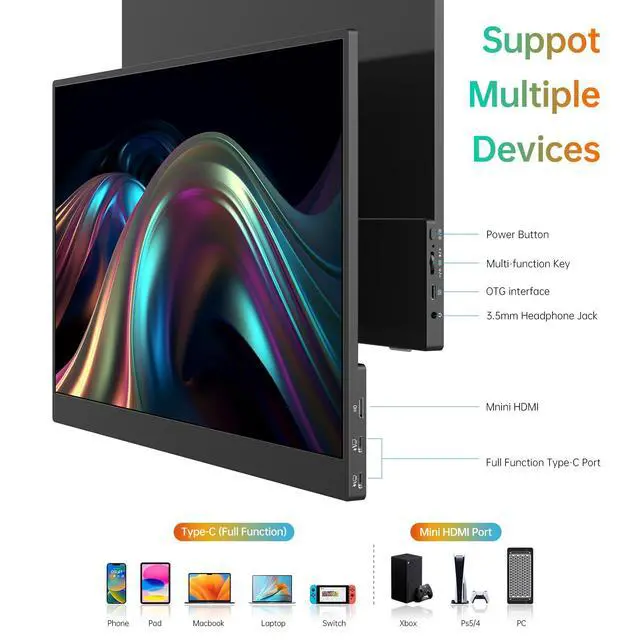 Alt view image 5 of 7 - MNN 17.3" Portable Monitor 1080P FHD 144Hz Narrow Edge Laptop Monitor USB C HDMI Gaming Computer IPS HDR Screen, Travel Monitor for PC Mac Phone Xbox PS5 Laptop /Smart Cover Speakers