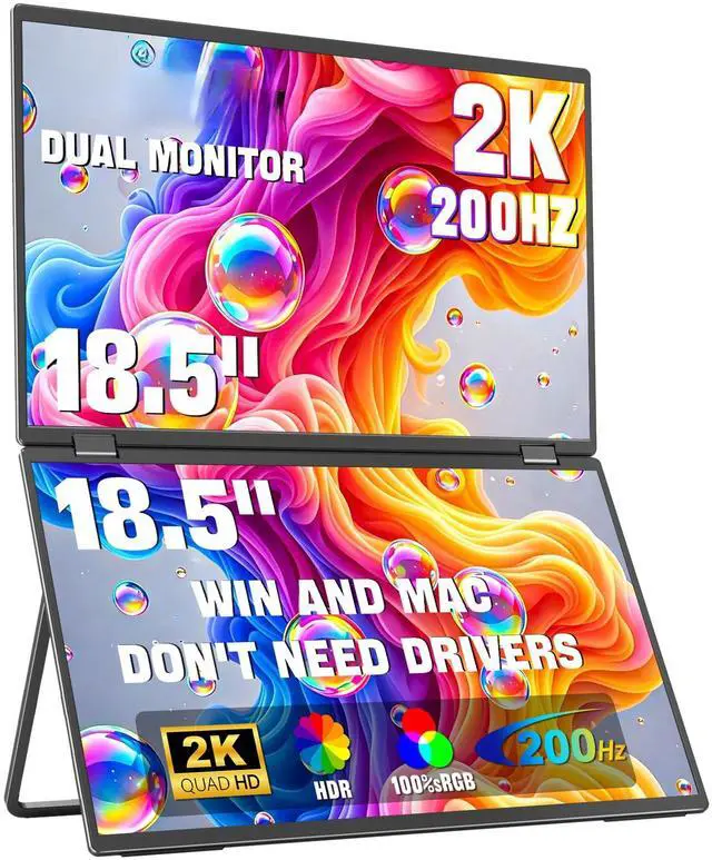 Main image of 18.5" Dual Portable Monitor 2K 200Hz 100% sRGB - Foldable & Stackable Design with 315° Screen Adjustment & 180° Stand | DP/USB-C/HDMI, Second Monitor for Laptop, Mac, Windows