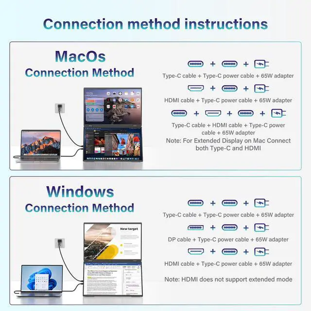 Alt view image 5 of 7 - 18.5" Dual Portable Monitor 2K 200Hz 100% sRGB - Foldable & Stackable Design with 315° Screen Adjustment & 180° Stand | DP/USB-C/HDMI, Second Monitor for Laptop, Mac, Windows