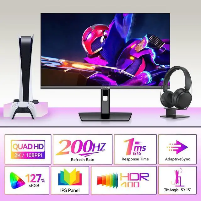 Alt view image 2 of 7 - 27 Inch 2K 200Hz Gaming Monitor, QHD 2560x1440p Fast IPS Screen, 1ms GTG, HDR 128% sRGB, FreeSync & G-Sync Compatible, Frameless Computer Display