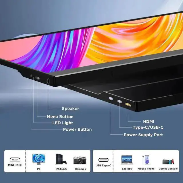 Alt view image 3 of 7 - Portable-Monitor-for-Lapto - 15.6'' 1080P FHD IPS Display USB-C HDMI Portable Monitor for Laptop with Cover and Speakers External Monitor for Laptop/PC/Mac/Phone/PS4 Certified Refurbished Portable Mon