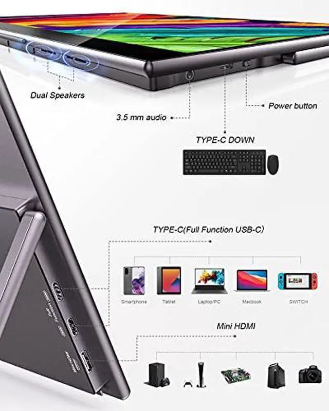 Alt view image 6 of 7 - 15.6" 4K Touchscreen Portable Monitor, 3840x2160 UHD with 100% Adobe RGB, USB-C & HDMI External Display for Laptop MacBook PS5 PS4 Xbox, Built-in Speakers with Kickstand