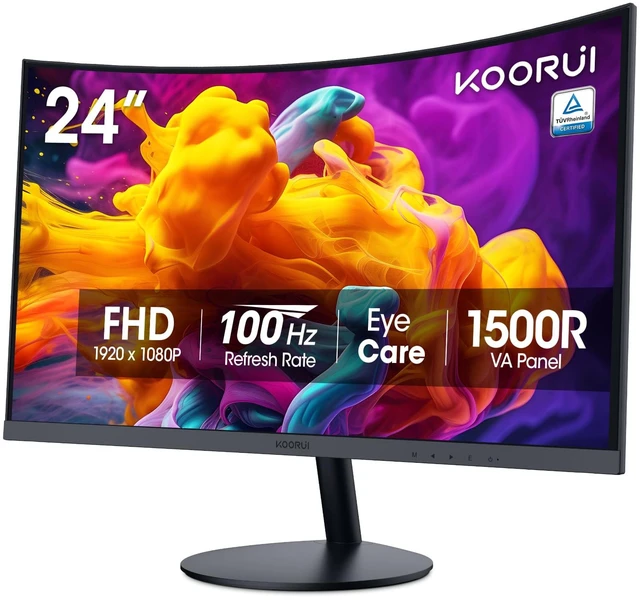Main image of 24 Inch Curved Computer Monitor, FHD 1080P 100Hz VA 1500R, Adaptive Sync, 99% sRGB, HDMI & VGA, Tilt Adjustable, TÜV Eye Care, Backward Compatible with 75Hz/60Hz