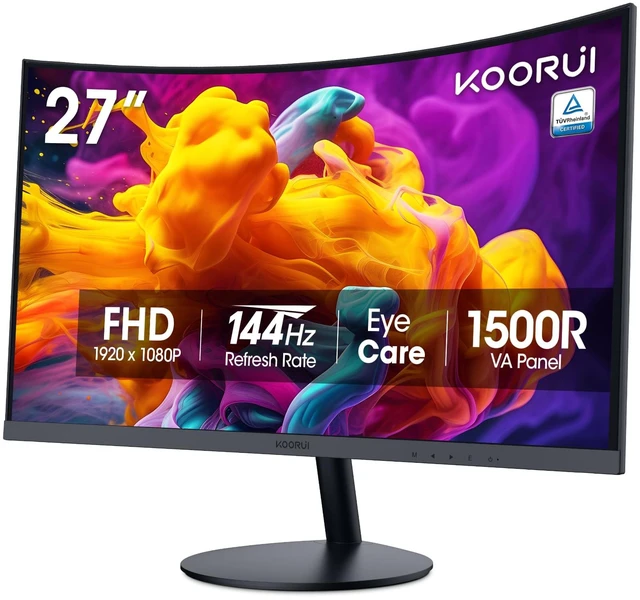 Main image of 27inch Curved Computer Monitor, FHD 1080P 144Hz VA 1500R, 99% sRGB, TÜV Eye Care, HDMI & VGA, Tilt Adjustable, Backward Compatible with 120Hz/100Hz/75Hz/60Hz