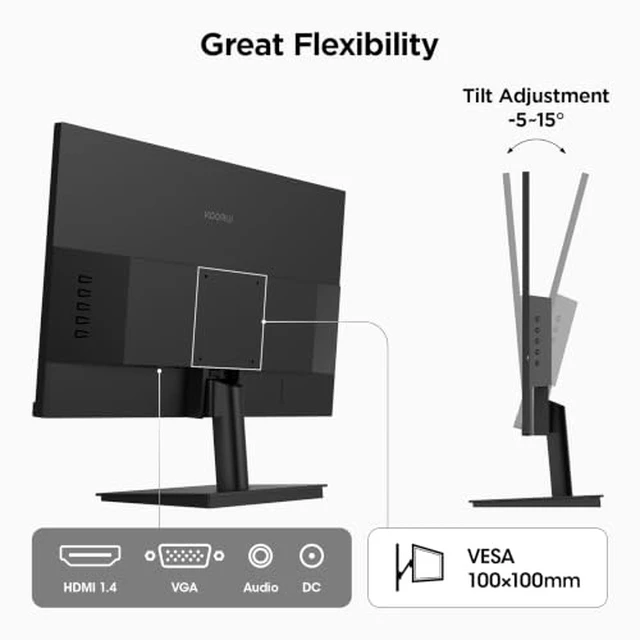 Alt view image 7 of 7 - 24" FHD Monitor 100Hz 5ms VA, 1920x1080 99% sRGB 4000:1, Adaptive Sync, Compatible with 75Hz/60Hz, HDMI 1.4 & VGA & Audio Out, TÜV Eye Care, VESA 100x100mm