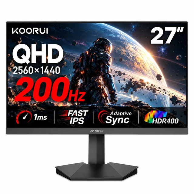 Main image of 27" QHD Gaming Monitor 200Hz 1ms Fast IPS, 2560x1440 HDR400 95% DCI-P3, Adaptive Sync, Compatible with 165Hz/144Hz/120Hz/100Hz/60Hz, HDMI 2.0 & DP 1.4, VESA