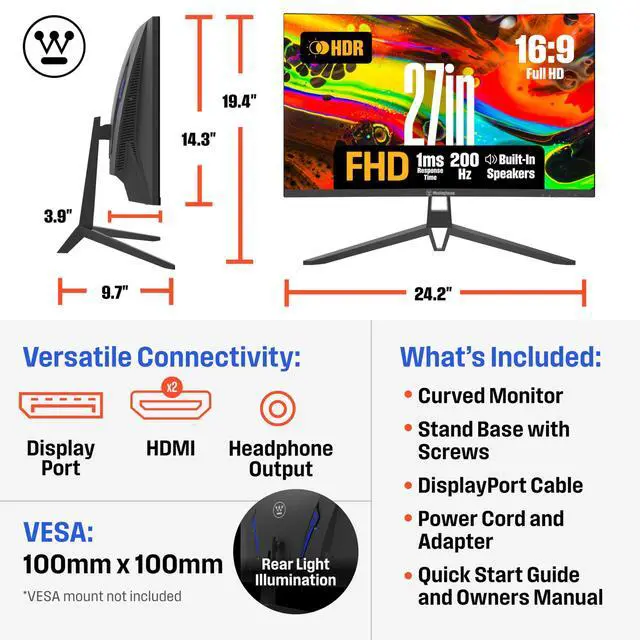 Alt view image 6 of 7 - 27 Inch Curved Gaming Monitor, 200Hz, 1ms, FHD 1080P, 3000:1 Contrast Ratio, 118% sRGB, 1500R, AMD FreeSync, Eyecare, for PC Games with Built-in Speakers, DisplayPort, HDMIx2-Black