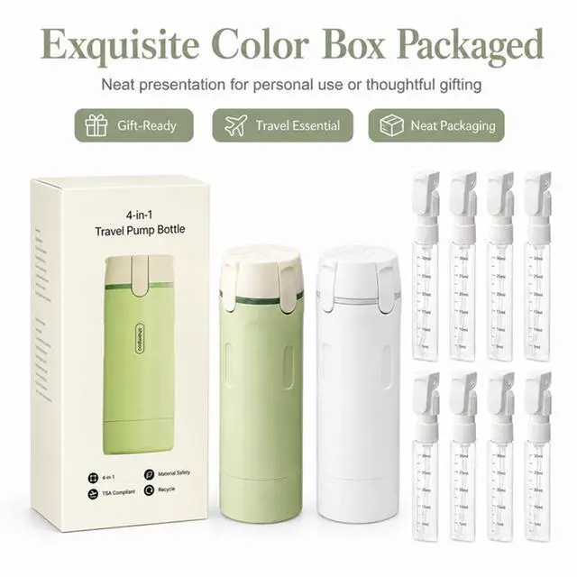 Alt view image 5 of 7 - 4-in-1 Travel Dispenser, 4 Pack 40ML Travel Toiletry Bottles, Leak Proof Travel Size Containers, Portable Refillable Bottles for Shampoo Lotion Conditioner Face Cream (White+Green)