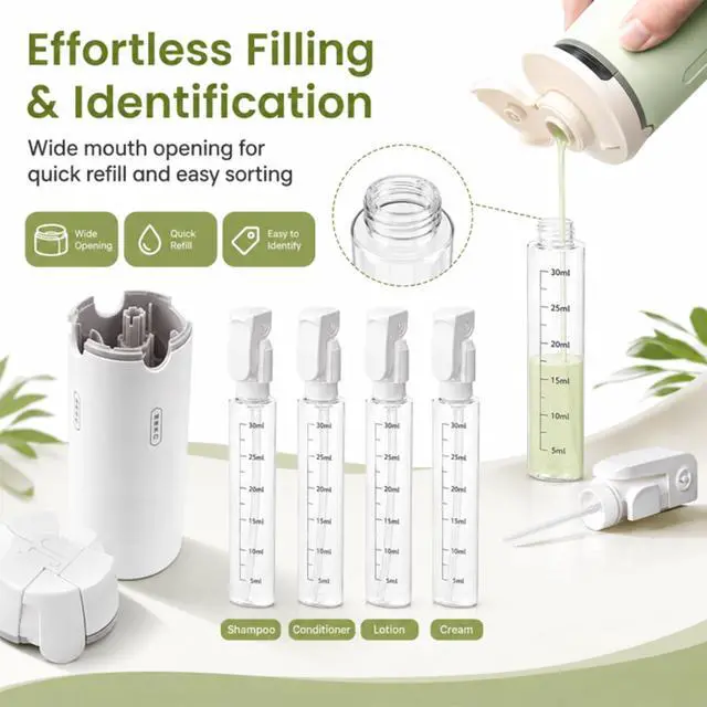 Alt view image 6 of 7 - 4-in-1 Travel Dispenser, 4 Pack 40ML Travel Toiletry Bottles, Leak Proof Travel Size Containers, Portable Refillable Bottles for Shampoo Lotion Conditioner Face Cream (White+Green)