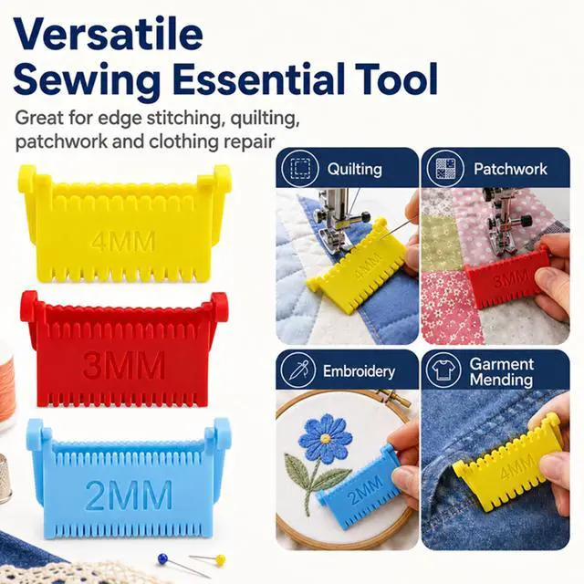 Alt view image 3 of 7 - 3Pcs Clip-On Sewing Gauge, Hand Edge Stitch Guide Lock Ruler, Quilting Template Tool with 2mm 3mm 4mm Even Stitch Spacing