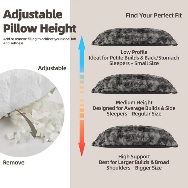 Alt view image 7 of 7 - Fluffy Faux Fur Body Pillow for Adults, 6.8lb 21x54 Inch Tie-Dye Body Pillow with Shredded Memory Foam for Bed, Adjustable Height, Support for Side Sleepers & Pregnancy, Washable, Grey