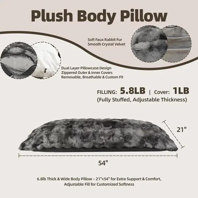 Alt view image 2 of 7 - Fluffy Faux Fur Body Pillow for Adults, 6.8lb 21x54 Inch Tie-Dye Body Pillow with Shredded Memory Foam for Bed, Adjustable Height, Support for Side Sleepers & Pregnancy, Washable, Grey