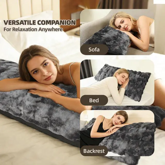 Alt view image 6 of 7 - Fluffy Faux Fur Body Pillow for Adults, 6.8lb 21x54 Inch Tie-Dye Body Pillow with Shredded Memory Foam for Bed, Adjustable Height, Support for Side Sleepers & Pregnancy, Washable, Grey