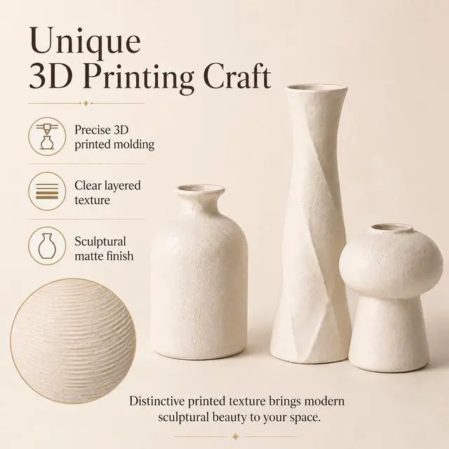 Alt view image 7 of 7 - 3D Printed Textured Beige Vase, Minimalist Sculpture Vessel, Dry Grass Flower Vase, Home Decor for Living Room Shelf Entryway