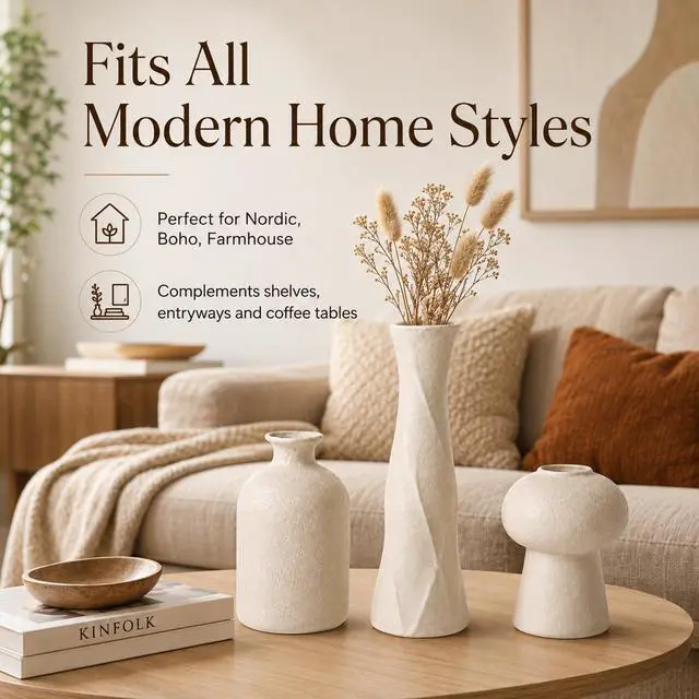 Alt view image 4 of 7 - 3D Printed Textured Beige Vase, Minimalist Sculpture Vessel, Dry Grass Flower Vase, Home Decor for Living Room Shelf Entryway