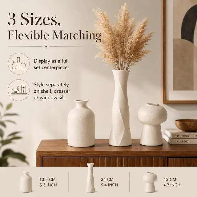 Alt view image 6 of 7 - 3D Printed Textured Beige Vase, Minimalist Sculpture Vessel, Dry Grass Flower Vase, Home Decor for Living Room Shelf Entryway