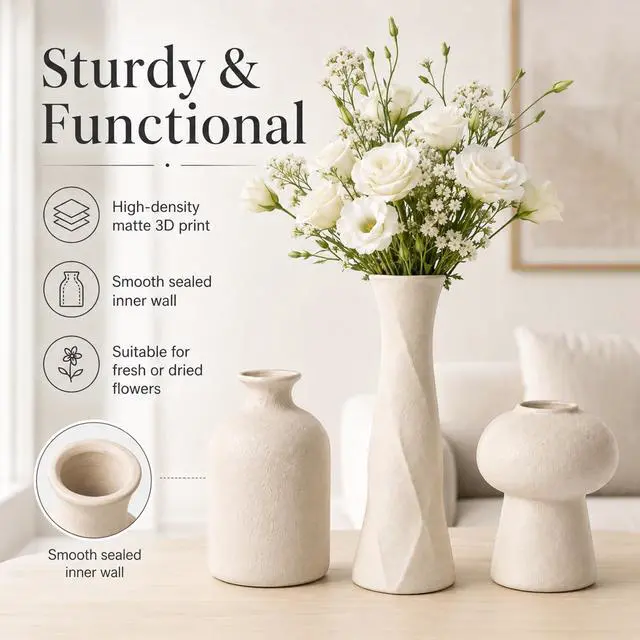 Alt view image 5 of 7 - 3D Printed Textured Beige Vase, Minimalist Sculpture Vessel, Dry Grass Flower Vase, Home Decor for Living Room Shelf Entryway