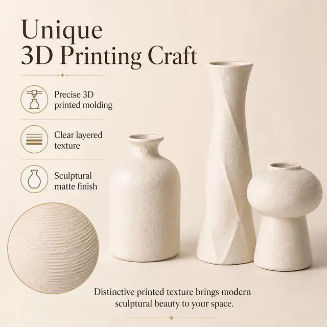 Alt view image 7 of 7 - 3D Printed Textured Beige Vase, Minimalist Sculpture Vessel, Dry Grass Flower Vase, Home Decor for Living Room Shelf Entryway A+C