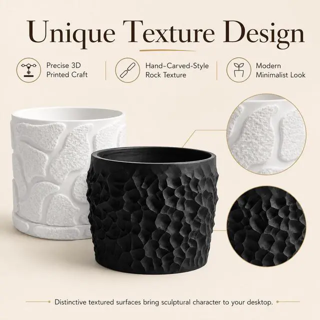 Alt view image 7 of 7 - JINANJUNGU 3D Printed Textured Rock Succulent Plant Pot, Minimalist Planter, Small Desktop Flower Pot, for Tiny Houseplants Home Office Table Decor White