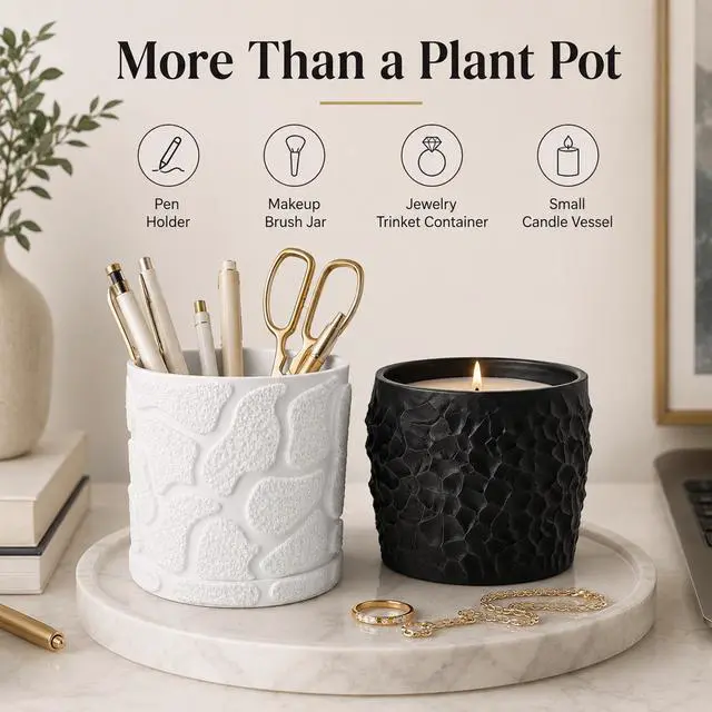 Alt view image 4 of 7 - JINANJUNGU 3D Printed Textured Rock Succulent Plant Pot, Minimalist Planter, Small Desktop Flower Pot, for Tiny Houseplants Home Office Table Decor White