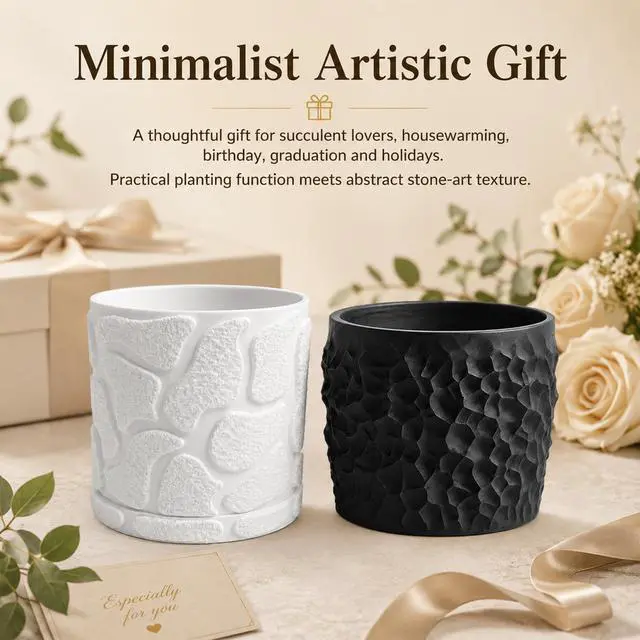Alt view image 3 of 7 - JINANJUNGU 3D Printed Textured Rock Succulent Plant Pot, Minimalist Planter, Small Desktop Flower Pot, for Tiny Houseplants Home Office Table Decor White