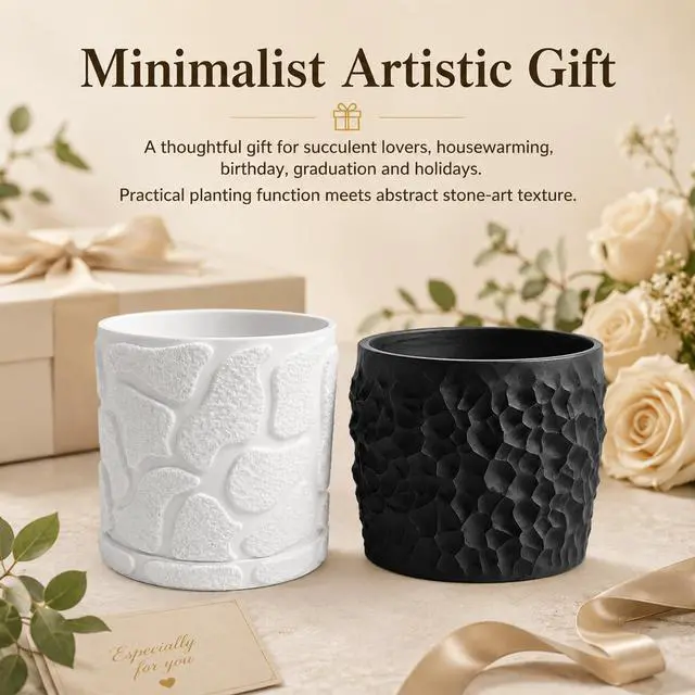 Alt view image 3 of 7 - JINANJUNGU 3D Printed Textured Rock Succulent Plant Pot, Minimalist Planter, Small Desktop Flower Pot, for Tiny Houseplants Home Office Table Decor 2 Pcs
