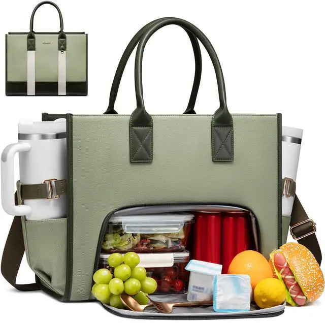 Main image of LOVEVOOK Work Tote Bag with Lunch Compartment with Giant Tumbler Holder,15.6 Inch Waterproof 3 in 1 Lunch Bag Women Men Laptop Bag Purse Tote with Padded Sleeve for Teacher,Nurse,College,Travel,Office