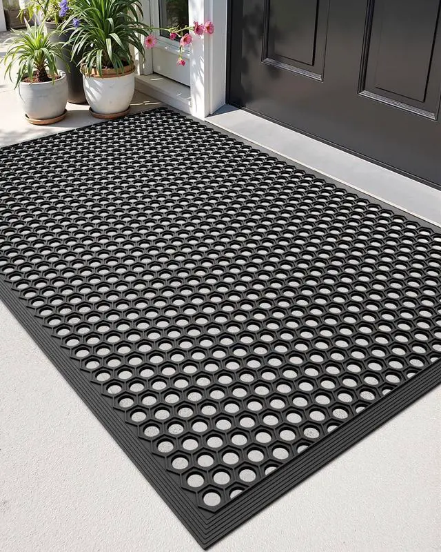 Main image of DEXI Front Door Mat 32x48, Non Slip Rubber Doormat Outside Entrance, Heavy Duty Waterproof Drainage Entry Mats, Low Profile Dirt Trapper for Patio Entryway, Black