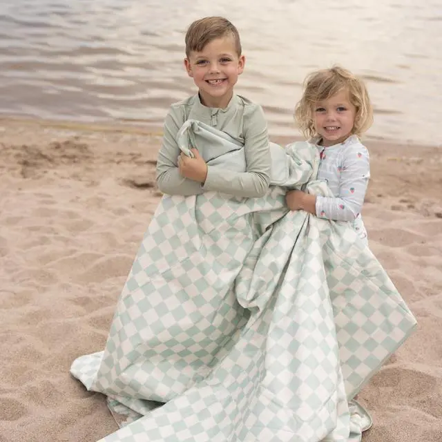 Alt view image 2 of 7 - Tiny Twinkle Waterproof Picnic Blanket | 5'x7' 100% Recycled Polyester, Sandproof, Foldable & Portable for Beach, Camping, Travel (Sage Checkers