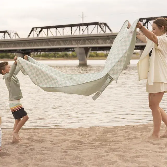 Alt view image 6 of 7 - Tiny Twinkle Waterproof Picnic Blanket | 5'x7' 100% Recycled Polyester, Sandproof, Foldable & Portable for Beach, Camping, Travel (Sage Checkers